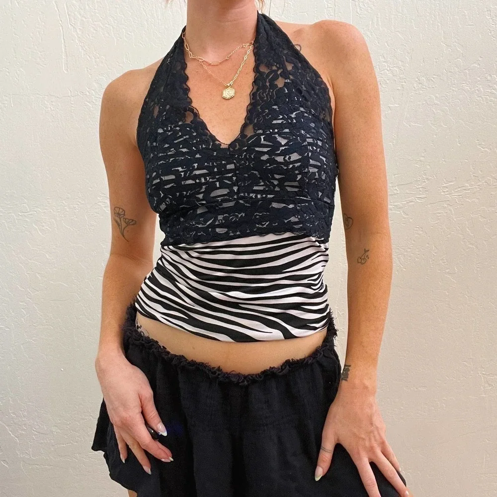 Vintage Y2K Halter Black Lace Animal Print Stretch Tank Top - Picture 1 of 6